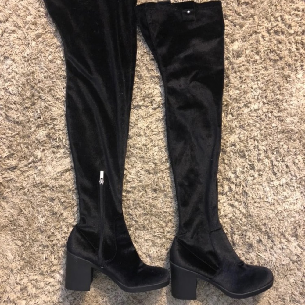 Black velvet thigh high boots